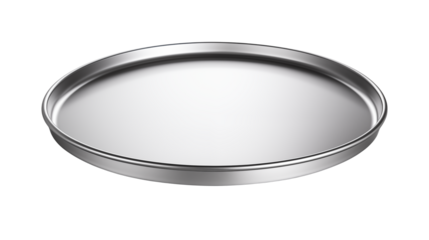 A shiny metal round tray with a raised edge sits on a black surface in a studio settingisolated on transparent background	