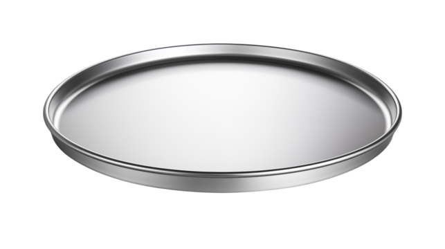A shiny metal round tray with a raised edge sits on a black surface in a studio settingisolated on transparent background	