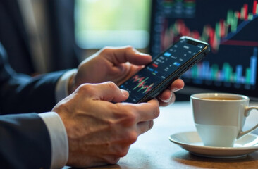 Businessman analyzing stock trends on smartphone with coffee  