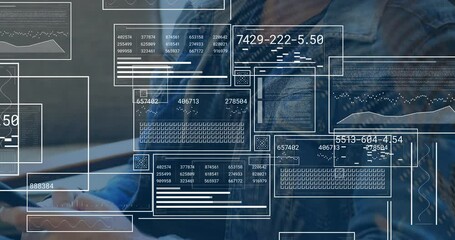 In school, animation of digital data overlaying child using smartphone in classroom - Powered by Adobe