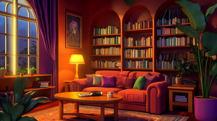 Fototapeta premium living room concept interior, cozy chamber place flat vector illustration. Relax in sofa couch, book wardrobe and table, greenleaf forest pot, floor lamp. Home rest atmosphere environment.