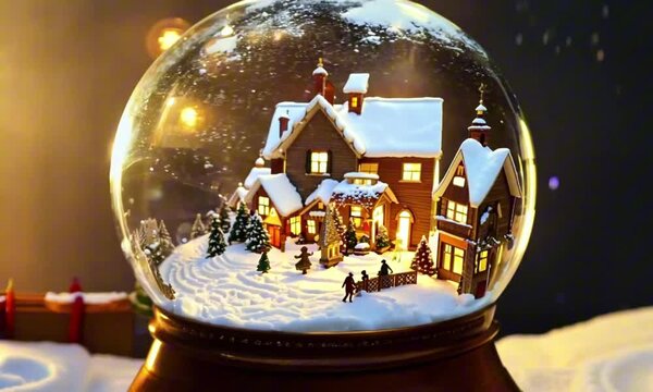 A tiny snow-covered village glows inside a delicate glass snow globe, its lantern-lit streets sparkling with warm golden light as snow falls gently. Holiday magical aesthetic