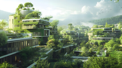 Obraz premium A sustainable city with green rooftops capturing rainwater for irrigation and energy generation, enhancing urban biodiversity and reducing the heat island effect.
