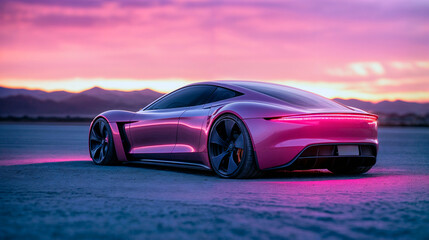 Futuristic electric sports car with sleek design at sunset  .