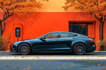 Luxury electric car charging at station with autumn foliage  .
