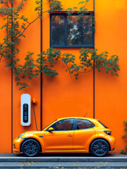 Compact electric city car charging against vibrant orange wall with greenery  .