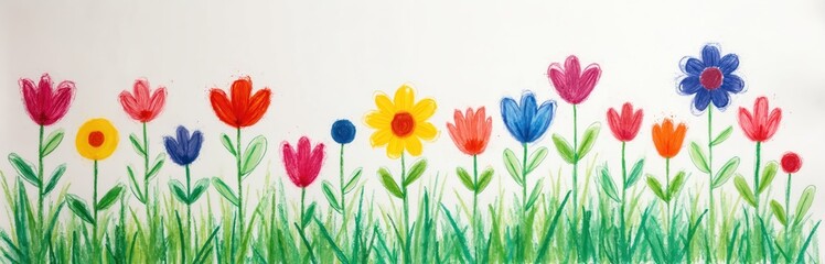 Fototapeta premium Childs crayon drawing flowers on white paper. Scribble marks pencil strokes visible. Colorful illustration with green grass, flowers different colors, art project by kid.