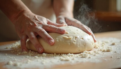 Obraz premium Close-up of hands kneading dough for homemade bread. Flour sprinkled on wooden board. Cooking, baking process, food preparation in kitchen. Cook making fresh dough for pizza or pastry.
