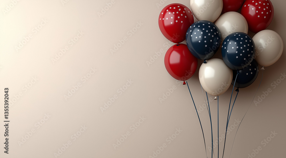 Poster light beige background with american flag-themed balloons and colorful strings