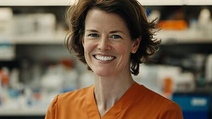Smiling woman in orange scrubs stands confidently in a laboratory filled with scientific equipment and supplies - Powered by Adobe