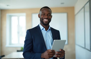 Smiling black entrepreneur holding tablet. Confident businessman in office, successful career, at work. Executive, director, ceo, manager. Young male pro in suit.