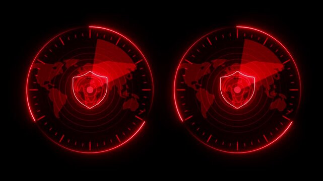 Radar HUD Screen Animation 4K. Motion graphic of colorful sonar radar screen searching an object with world map and line digital technology background, Futuristic animation concept seamless loop video