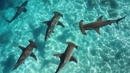Obraz premium Graceful hammerhead shark ballet under turquoise water, a breathtaking marine life spectacle