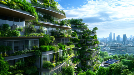 A sustainable public square with greenery, seating areas, and local markets.