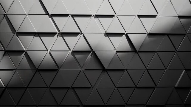 Geometric pattern of black and gray triangles creating a modern wall design in a minimalist space