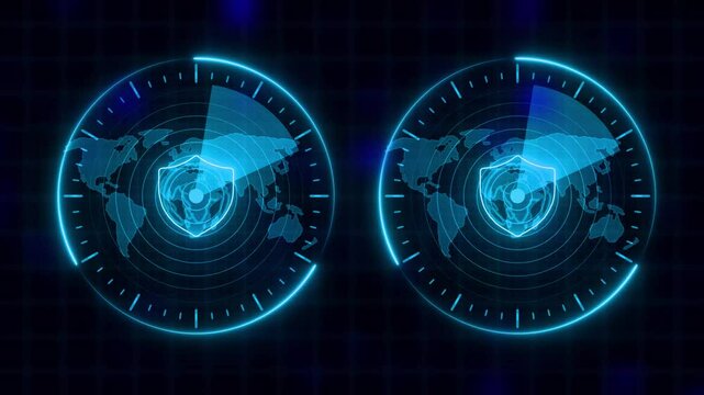 Radar HUD Screen Animation 4K. Motion graphic of colorful sonar radar screen searching an object with world map and line digital technology background, Futuristic animation concept seamless loop video