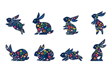 cute rabbit silhouette collection with flower decoration in body