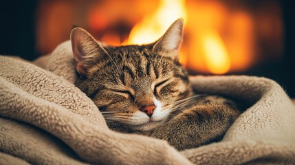 Cozy cat snuggled in a blanket by the fireplace home comfort animal photography warm atmosphere close-up view