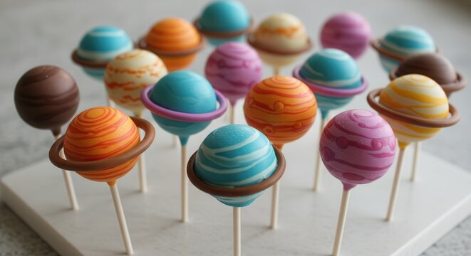 Display of Planet Themed Cake Pops on Sticks for Dessert