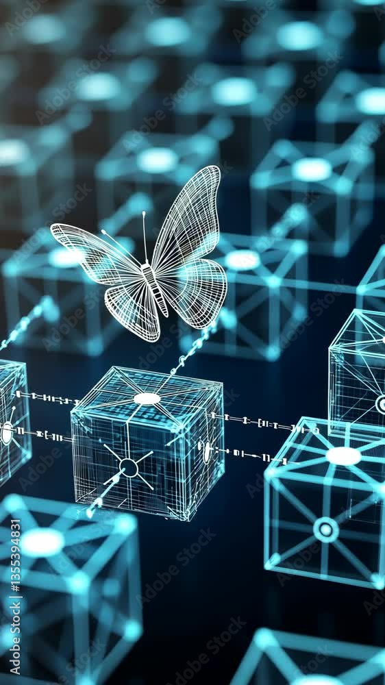 Poster digital butterfly represents transformation in blockchain technology and innovation during a futuris