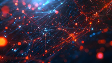 Fototapeta premium Digital Network: An abstract representation of a complex digital network, with glowing red and blue nodes connected by intricate lines, symbolizing connectivity and data flow.