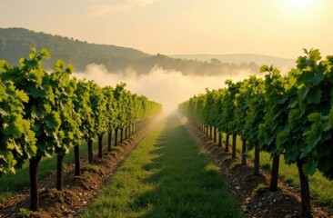 Naklejka premium Vineyard Rows at Sunrise with Misty Mountains in Background 