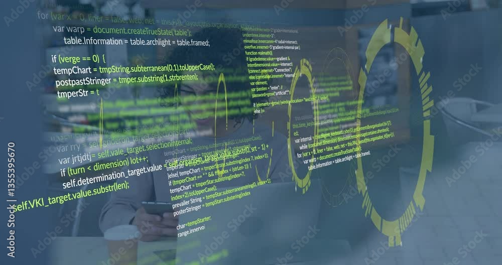 Poster displaying green coding text and animation, person smiling behind transparent screen