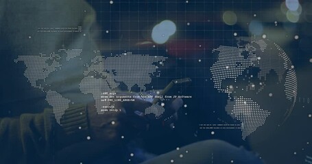 World map and coding animation over person using smartphone in dim light - Powered by Adobe