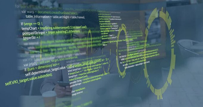 Displaying green coding text and animation, person smiling behind transparent screen
