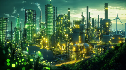 Obraz premium Power alternative energy factory and eco turbine technology. Renewable nature environmental industry. Source electricity conservation illustratio