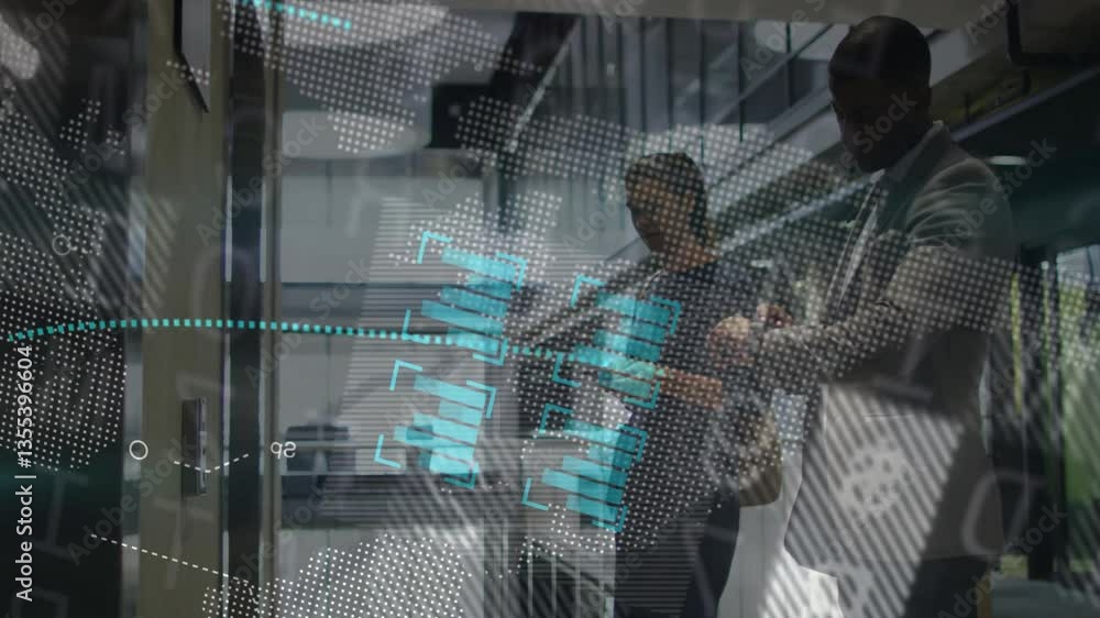 Poster business professionals discussing data analytics over digital world map animation