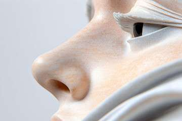 Close-up profile of a sculpted face, draped fabric, studio setting, art concept