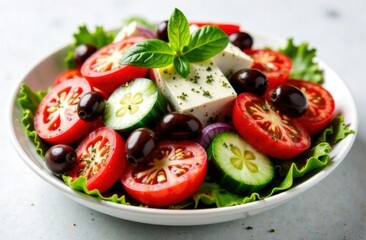 Fresh salad with tomatoes, cucumbers, olives, and feta cheese  