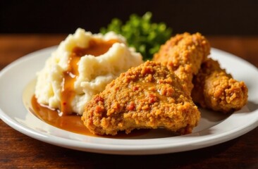 Crispy fried chicken with mashed potatoes and gravy on a plate  