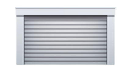 A closed white roller shutter door with horizontal slats and frame against black backgroundisolated on transparent background	
