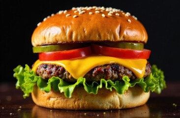 Juicy cheeseburger with toppings on a dark background  