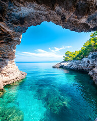 Fototapeta premium Coastal Cave, Azure Water, Sunny Day