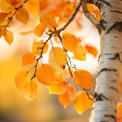 close-up of a birch branch with vibrant autumn leaves, soft focus background, warm tones, natural and nostalgic vibe