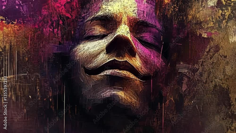 Poster colorful artistic portrait featuring a serene expression and stylized mustache with abstract element