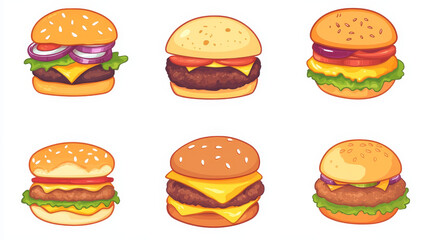 Set of colorful cartoon fast food icons isolated restaurant tasty american cheeseburger meat and unhealthy burger meal vector illustration.