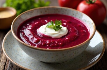 Vibrant beetroot soup with cream and garnish on a rustic table  