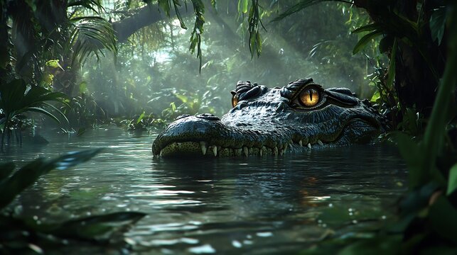 Focused crocodile partially submerged in lush green swamp with striking eyes and detailed scales