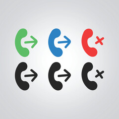 Set of call receiver action icons and signs, in red, blue, and green colors, with a silver background