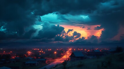 Fototapeta premium A dramatic sunset over a quiet town, illuminated by streetlights under a stormy sky.
