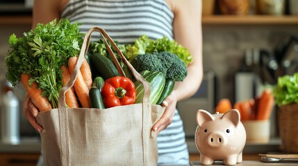 Woman holding reusable grocery bag filled with fresh produce next to piggy bank.