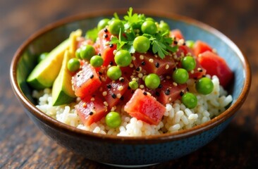 Sushi bowl with tuna, peas, and avocado on a wooden background  