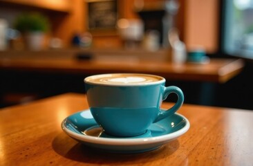 Obraz premium Coffee cup on a wooden table in a cozy cafe setting 