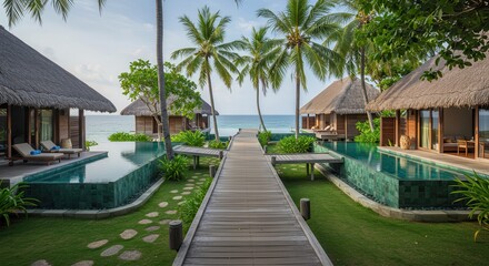 Obraz premium Walking on Boardwalk Towards Tropical Beach Resort with Palm Trees