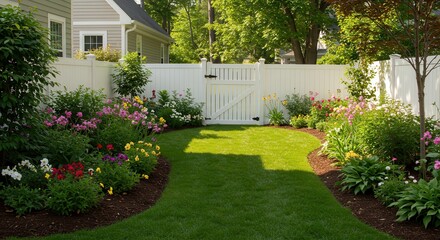 Fototapeta premium Walking Into Beautiful Garden Through Gate with Green Lawn and Flowers