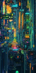 Dazzling cityscape; neon lights illuminate intricate structure.